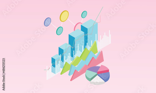 3d minimal Stock trading graph, growing strategy chart, pie chart, Optimization chart Growth statistics graph, investment graph, business financial. Business concept.on pastel background