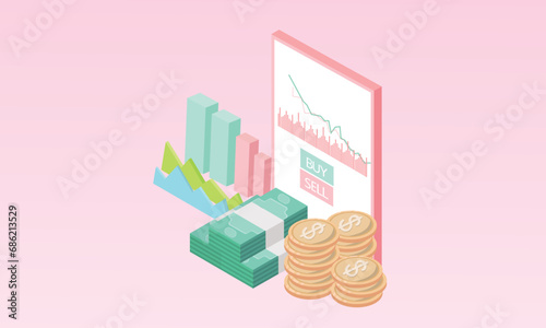 3d minimal Cryptocurrency trading online on mobile phone. Bitcoin cryptocurrency. Growing financial index. Global stock exchanges index. online trading. Forex trading concept.on pastel background
