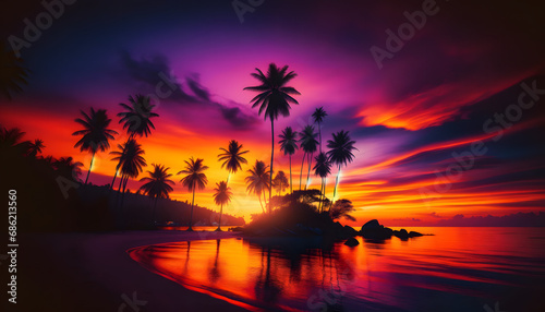 The sun sets on a tropical beach, casting a vibrant spectrum from orange to purple across the sky, with palm tree silhouettes and a sea reflecting the fiery dusk colors.