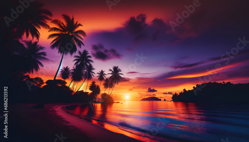The sun sets on a tropical beach, casting a vibrant spectrum from orange to purple across the sky, with palm tree silhouettes and a sea reflecting the fiery dusk colors. © IzzyAsThat
