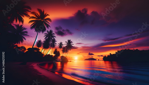 The sun sets on a tropical beach, casting a vibrant spectrum from orange to purple across the sky, with palm tree silhouettes and a sea reflecting the fiery dusk colors.