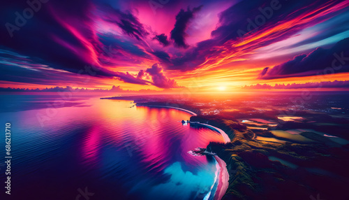 An aerial perspective that captures a coastal landscape bathed in the vibrant hues of sunset. Streaks of magenta, purple, and gold dance across the sky and glisten on the water,