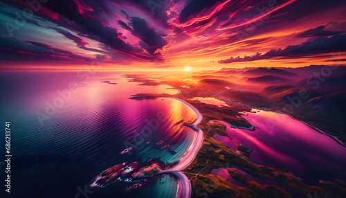 An aerial perspective that captures a coastal landscape bathed in the vibrant hues of sunset. Streaks of magenta, purple, and gold dance across the sky and glisten on the water