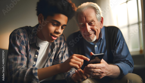A touching scene unfolds as a Black teenager guides his Caucasian grandfather through the intricacies of a smartphone. Their focused expressions and the teenager's helpful gestures speak to the beauty