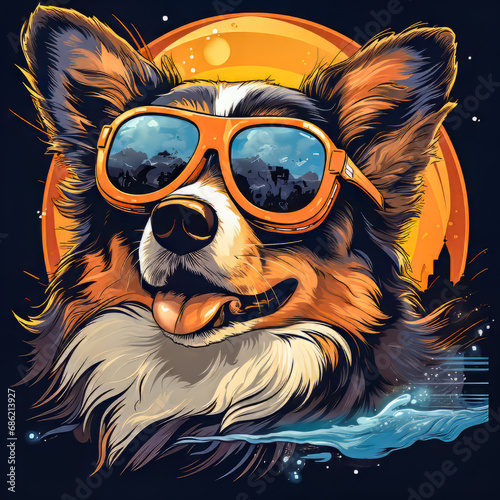 Corgi Illustration.  Generated Image.  A digital illustration of a happy looking Corgi dog wearing sunglasses.