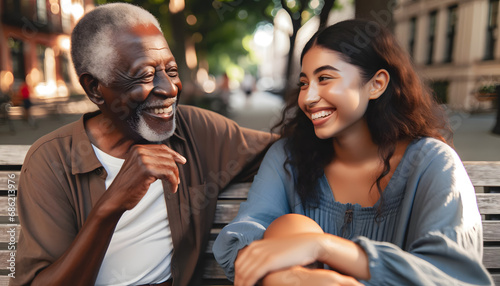 A tender moment is shared between an elderly Black man and his adult Hispanic daughter. They're pictured in mid-conversation, bathed in the warm glow of the afternoon sun on a park bench, exuding a se