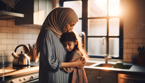 n the warmth of a sunlit kitchen, a Middle-Eastern mother and her young South Asian daughter share a serene moment. The mother's arms gently wrap around the child, their faces touching softly