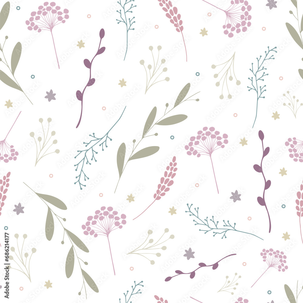 Pastel colored botanical seamless pattern. Flowers, leaves and branches on white background. Vector illustration