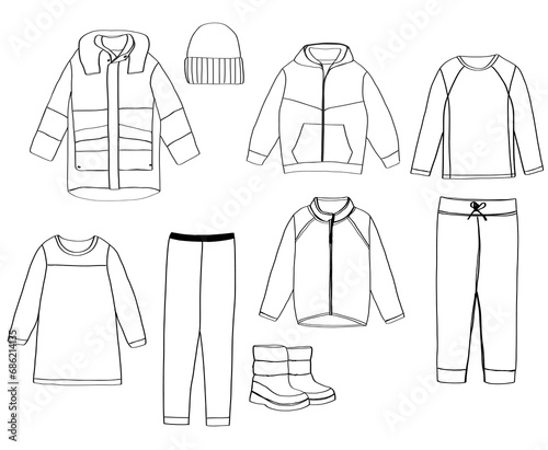 Child clothes set. Jacket, cardigan, pants, dress, kit, footwear sketch