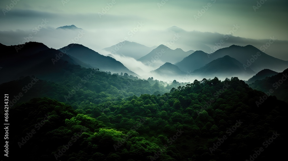 Obraz premium Beautiful view of misty forest in the morning