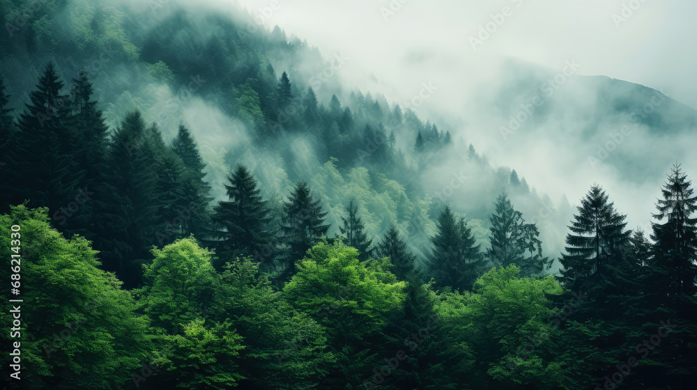 Foggy mountain landscape with green coniferous forest in the mountains