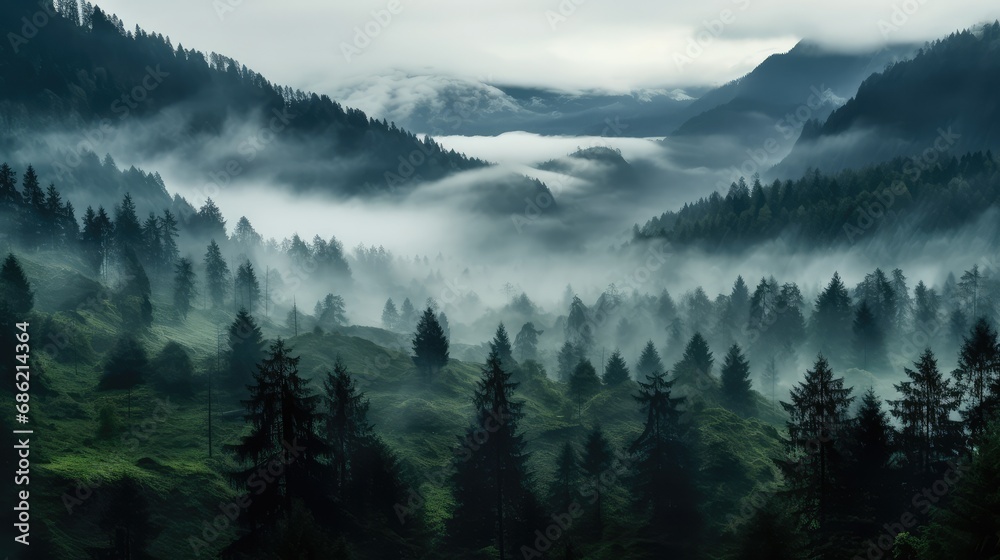 Foggy morning in the mountains. Beautiful landscape with foggy forest