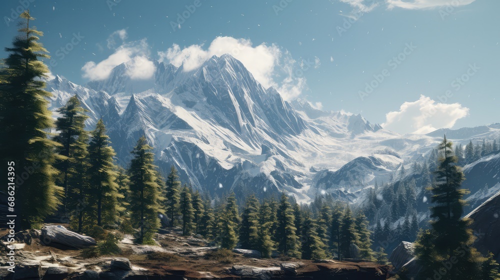 Mountain landscape with snow covered peaks and coniferous forest.