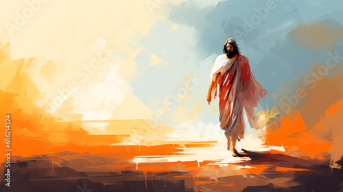 Jesus walking on water. Digital painting.