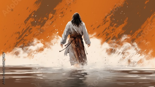 Jesus walking on water. Digital painting.