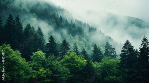 Foggy mountain landscape with green coniferous forest in the mountains