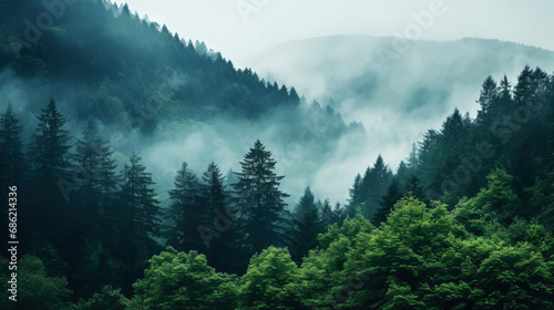 Mountain landscape with coniferous forest on a foggy day