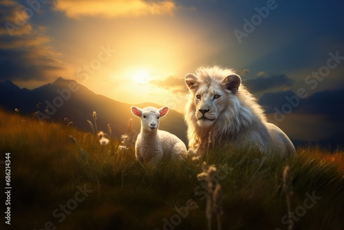 Jesus Christ: Lamb of Sacrifice, Lion of Triumph. The duality of Jesus. Lion and lamb in the meadow at sunset. Animal portrait.  photo