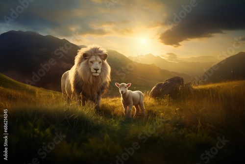 Jesus Christ: Lamb of Sacrifice, Lion of Triumph. The duality of Jesus. Lion and lamb in the meadow at sunset. Animal portrait. 