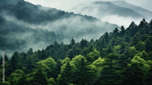 Foggy mountain landscape with coniferous forest 