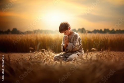 Cute little boy praying in wheat field at sunset or sunrise. Christian religion concept.