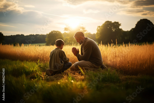 Father and son praying together in the wheat field at sunset time.