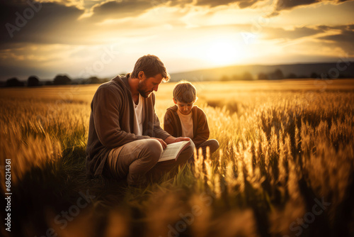 Father and son reading the bible in wheat field at sunset. 