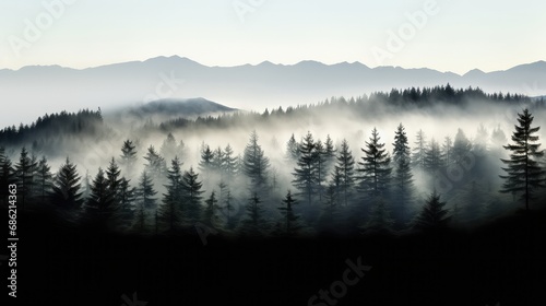 Mountain landscape with fog and coniferous forest 