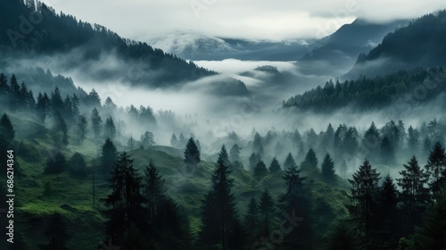 Foggy morning in the mountains. Beautiful landscape with foggy forest