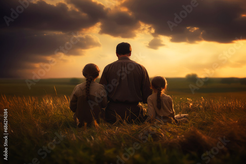 Back view of father and two daughters praying in the field at sunset.