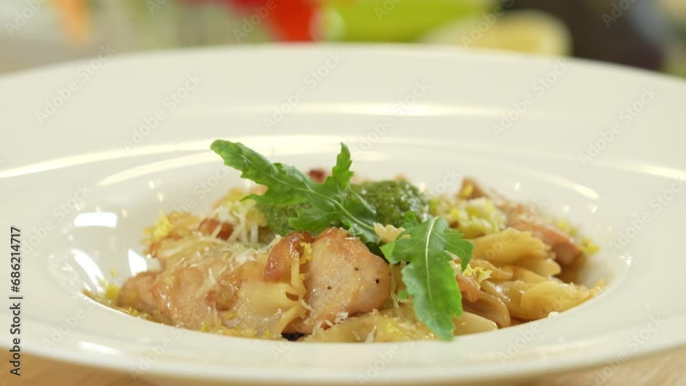 Freshly cooked farfalle pasta with turkey and cheese Freshly cooked farfalle pasta with turkey and cheese