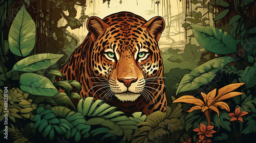 Beautiful wallpaper of leopard in jungle, leaves and tropical forest in old drawing vintage background. © Tepsarit