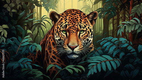 Beautiful wallpaper of leopard in jungle, leaves and tropical forest in old drawing vintage background. © Tepsarit