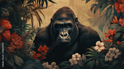 Beautiful wallpaper of gorilla in jungle, leaves and tropical forest in old drawing vintage background.