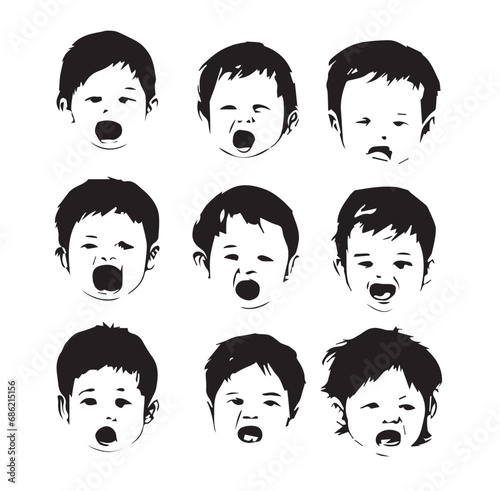 Emotions of crying on the faces of young children depicted on a white background.