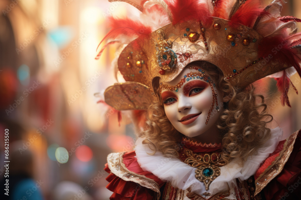 A young girl in a Venetian mask and costume, taking part in a children's Carnival event with enthusiasm. Generative Ai.