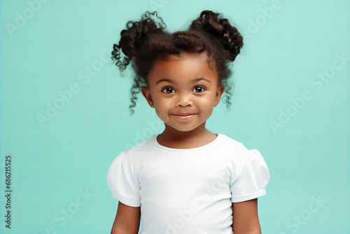 toddler black girl with braided hair wearing white blank tshirt on a pastel background, studio