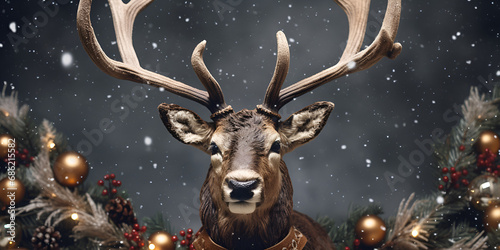 A Christmas ornament in the shape of deer head hanging from a Christmas tree, Christmas deer in the snow, Santa Reindeer Wildlife, generative AI 