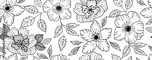 Abstract blooming ink vector seamless pattern. Freehand spring blossom natural background. Monochrome creative botanical wallpaper design. Doodle flowers with leaves. Hand drawn vector