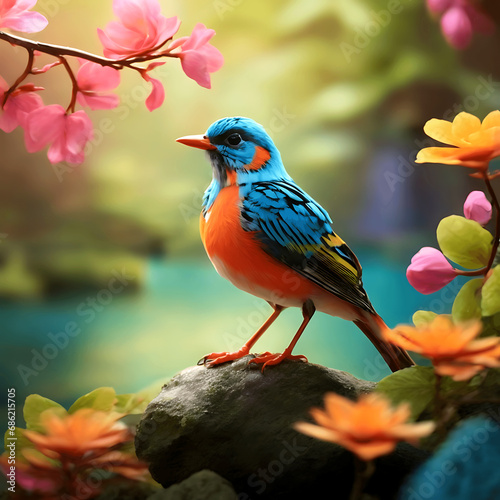 A colorful bird sits on a branch in the forest ai generated © Shahin_designer