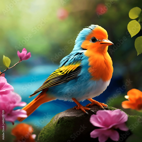 A colorful bird sits on a branch in the forest ai generated © Shahin_designer