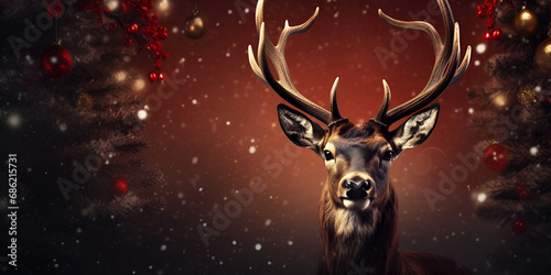 A deer standing in the middle of a forest, Arafed deer head with antlers on a red background, Magic Christmas forest with deer, generative AI 