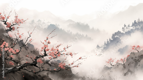 Hand-drawn beautiful Chinese style ink illustration of plum blossoms blooming in spring 
