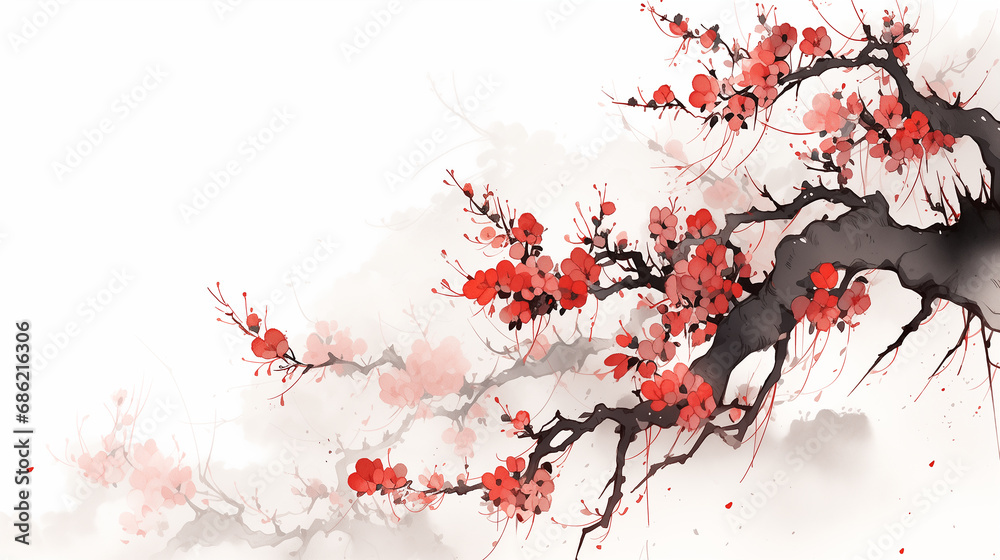 Hand-drawn beautiful Chinese style ink illustration of plum blossoms blooming in spring
