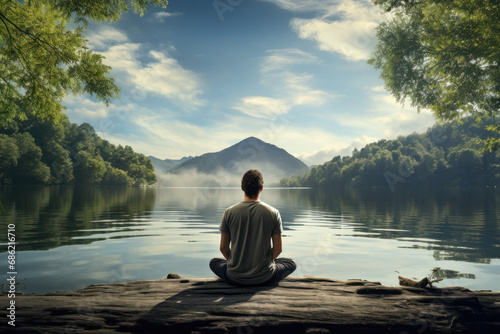 A mindfulness meditation session by a peaceful lake, encouraging mental clarity and stress relief. Concept of serene mindfulness. Generative Ai.