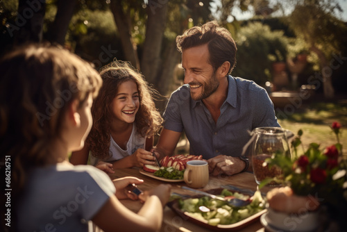 A family sharing a laughter-filled picnic in a park, emphasizing the importance of social connections in a healthy lifestyle. Concept of communal well-being. Generative Ai.