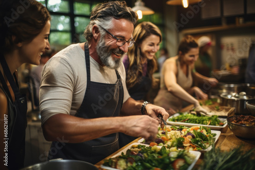 A diverse group engaged in a community cooking class, fostering culinary skills and healthy eating habits. Concept of communal culinary wellness. Generative Ai.