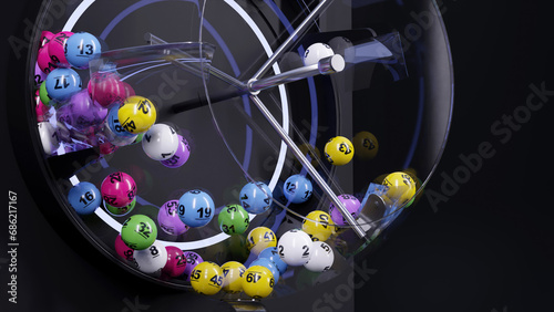 Lottery Drawing Machine on Black plain background. Colorful Lotto balls. 3d rendering