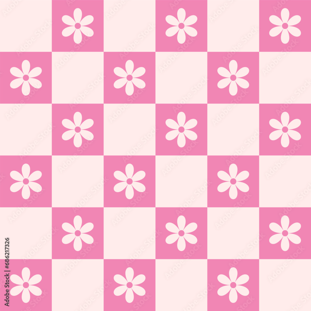 Retro checkerboard groovy seamless pattern with daisy flowers on a pink and orange checkered background. Cute colorful trendy vector illustration in style 70s, 80s for surface design