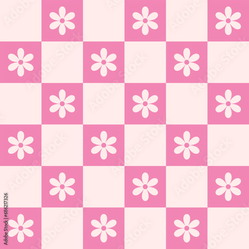 Retro checkerboard groovy seamless pattern with daisy flowers on a pink and orange checkered background. Cute colorful trendy vector illustration in style 70s  80s for surface design